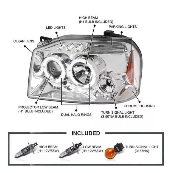 Chrome LED Projector Headlights w Halo for 2001–2004 Nissan Frontier Pair Spec-D - Picture 3 of 9